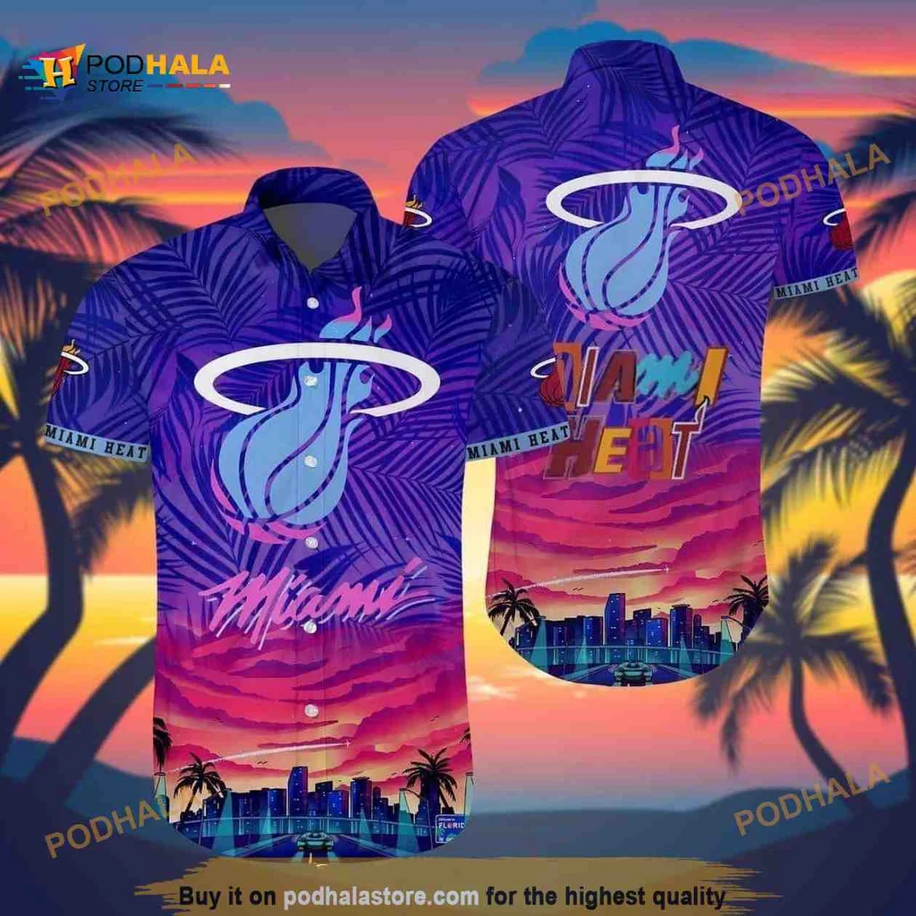 Miami Heat Aloha Shirt Featuring Vibrant Sunset Design And Logo