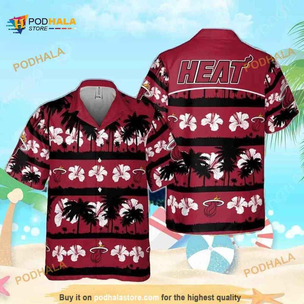 Miami Heat Hawaiian Shirt With White Hibiscus Flowers On Red Background