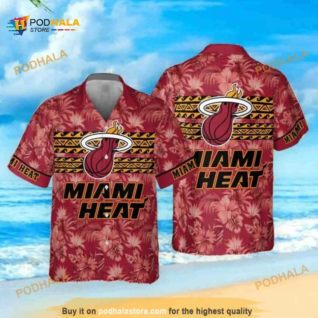 Miami Heat Hibiscus Aloha Shirt With Tropical Red Background