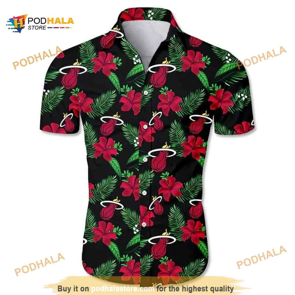 Miami Heat Tropical Aloha Shirt With Hibiscus Flowers And Palm Leaves