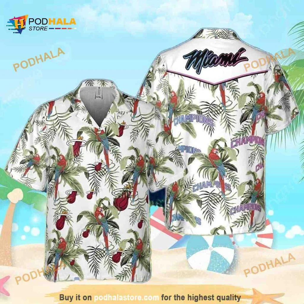 Miami Heat Tropical Aloha Shirt With Palm Leaves And Champions Design