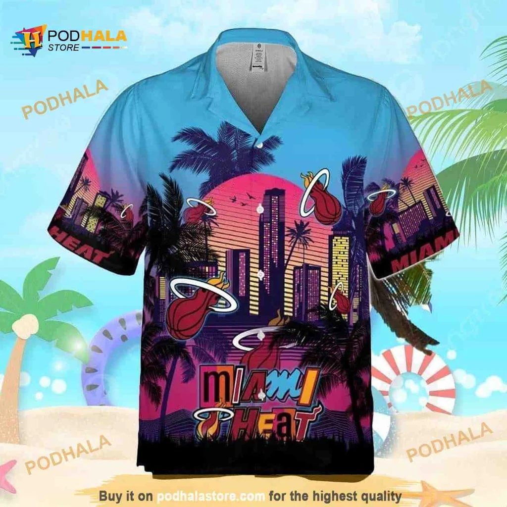 Miami Heat Tropical Hawaiian Shirt With Sunset And Basketball Design