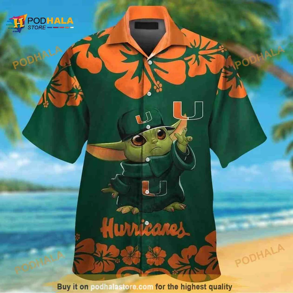 Miami Hurricanes Baby Yoda Hawaiian Shirt With Hibiscus Flowers