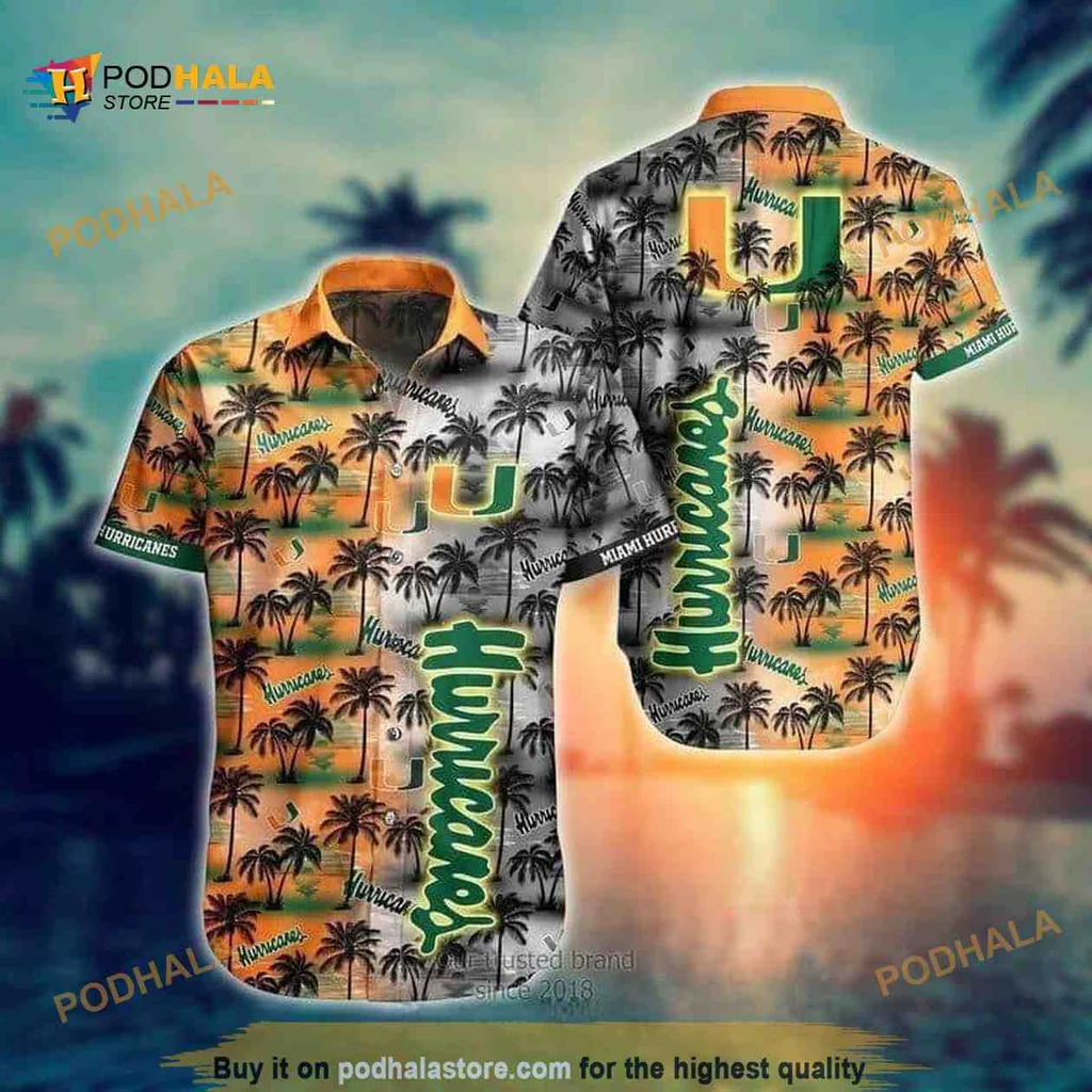 Miami Hurricanes Coconut Tree Hawaiian Shirt With Sunset Design