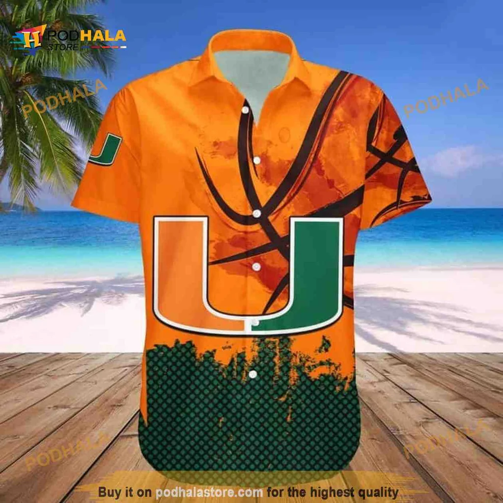 Miami Hurricanes Hawaiian Shirt With Vibrant Orange Background And Green Logo