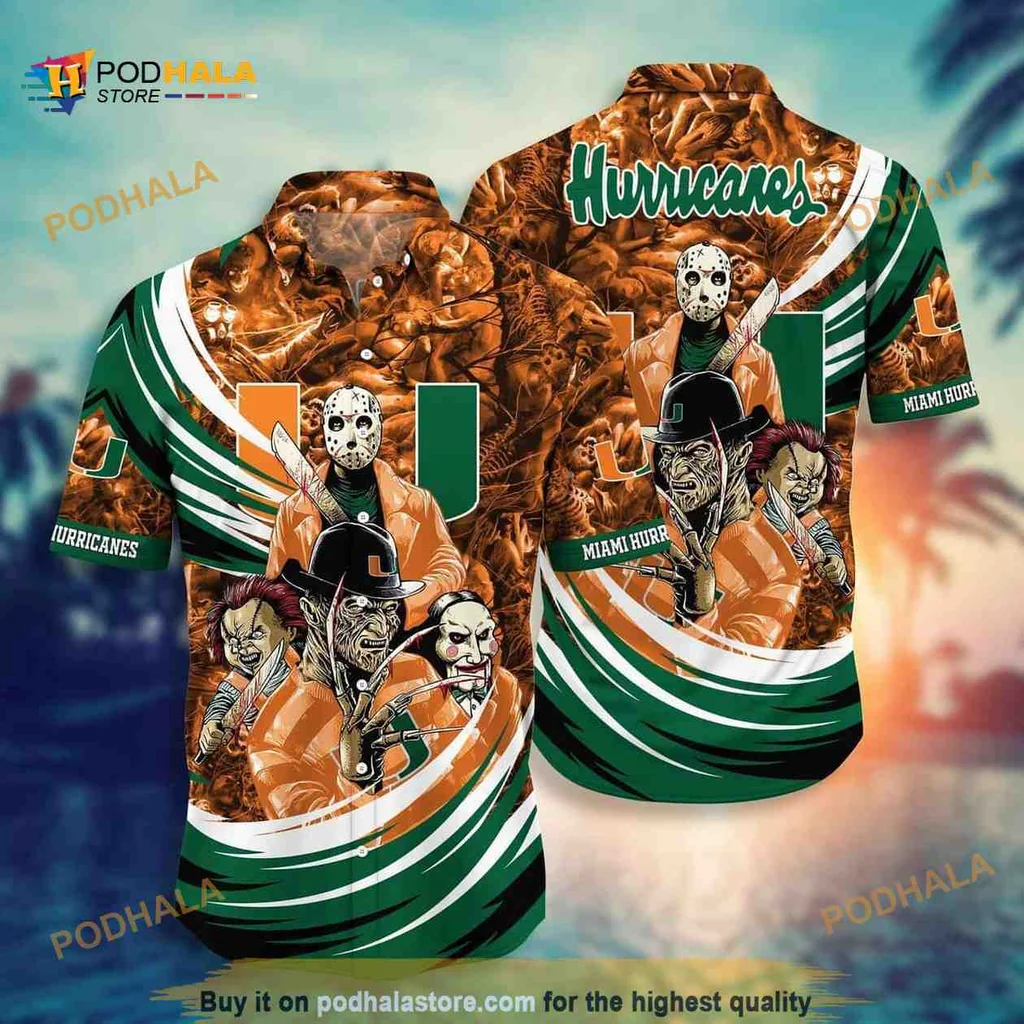 Miami Hurricanes Horror Aloha Shirt Featuring Iconic Halloween Characters