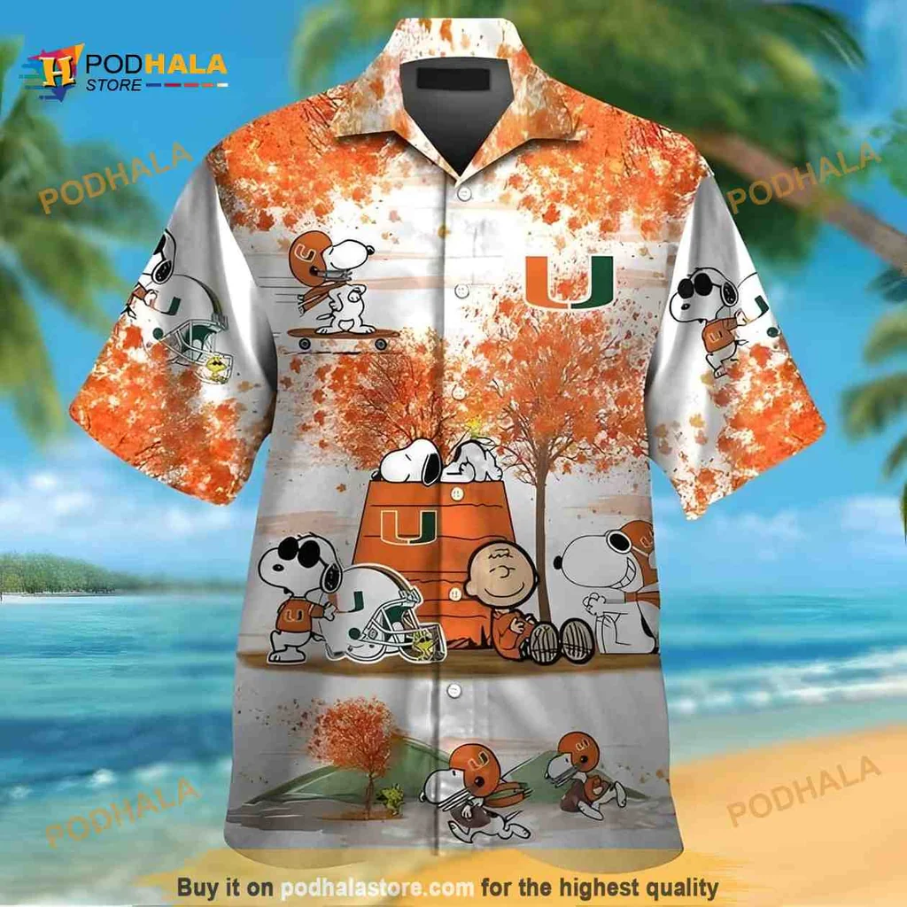 Miami Hurricanes Peanuts Hawaiian Shirt Featuring Snoopy And Autumn Trees