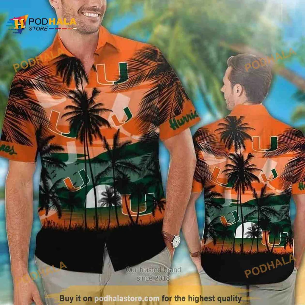 Miami Hurricanes Tropical Aloha Shirt With Palm Trees And Sunset Design