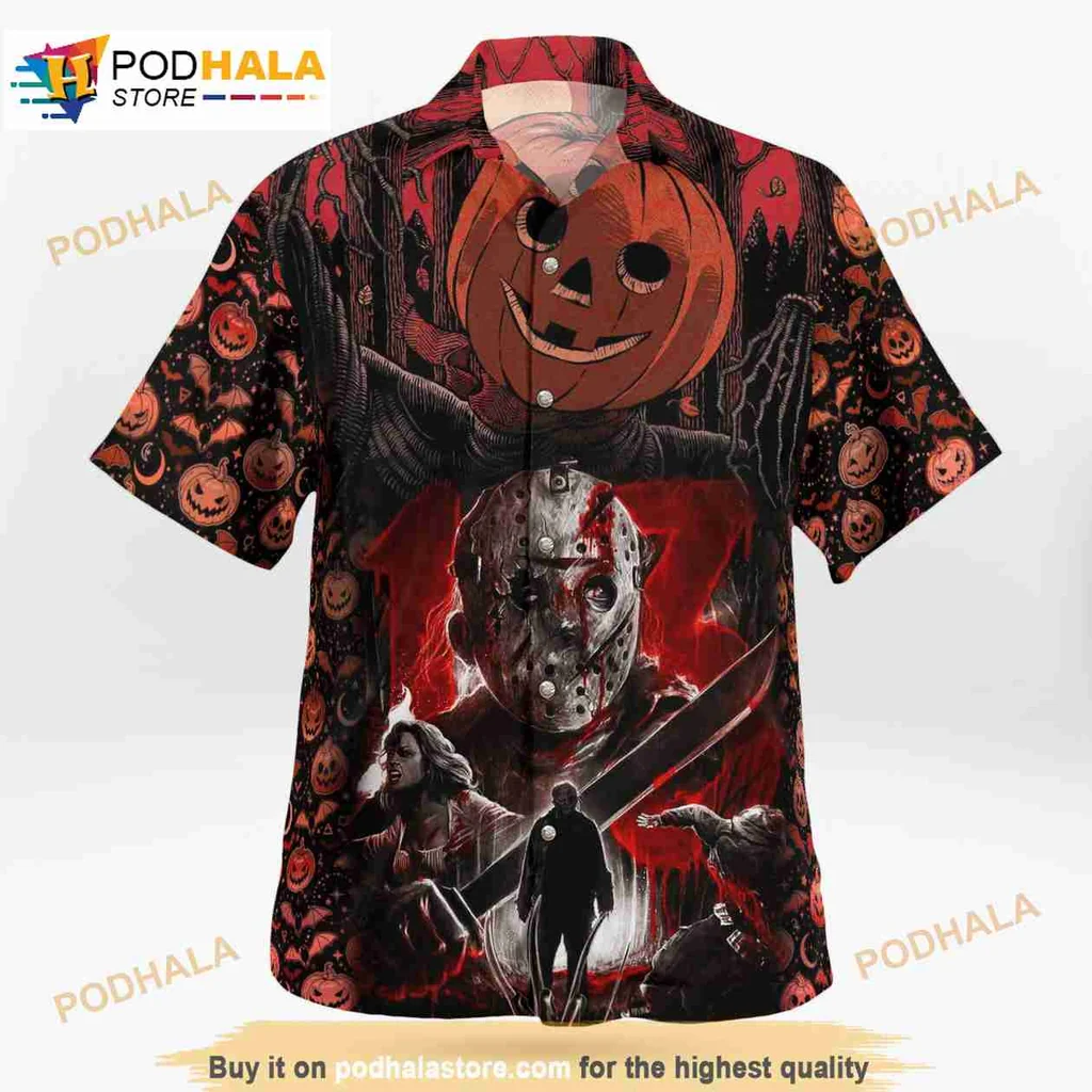 Michael Myers Halloween Aloha Shirt With Eerie Pumpkin Design Michael Myers Halloween Aloha Shirt With Eerie Pumpkin Design