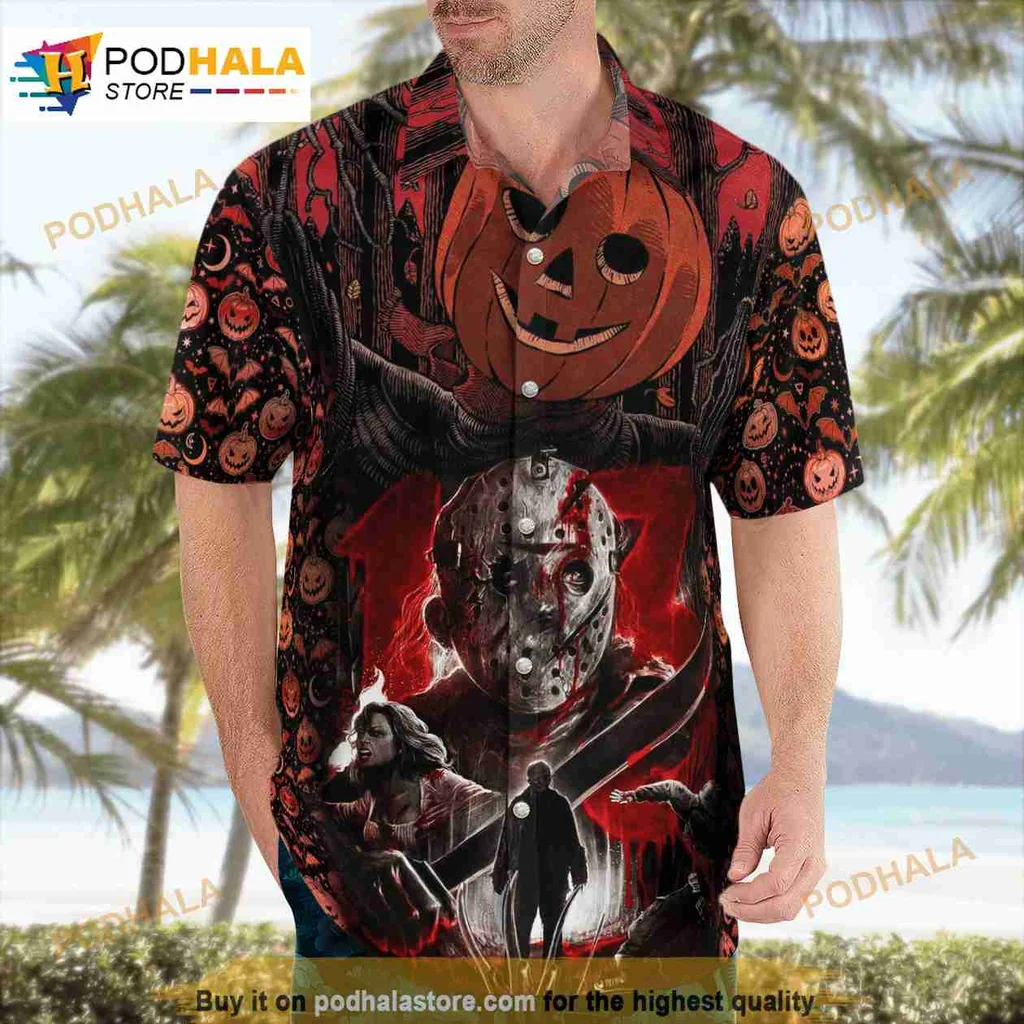 Michael Myers Halloween Tropical Shirt With Eerie Pumpkin Design Michael Myers Halloween Tropical Shirt With Eerie Pumpkin Design