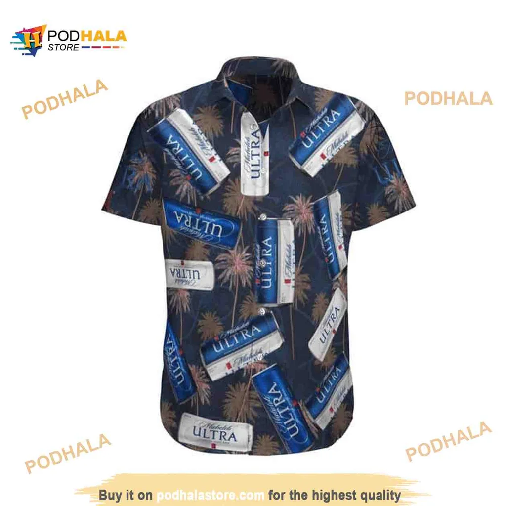 Michelob Ultra Beach Shirt With Tropical Leaves And Beer Can Design
