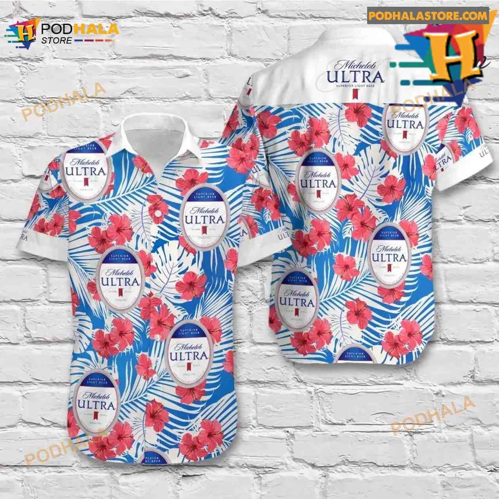 Michelob Ultra Hawaiian Shirt With Bold Hibiscus Flowers