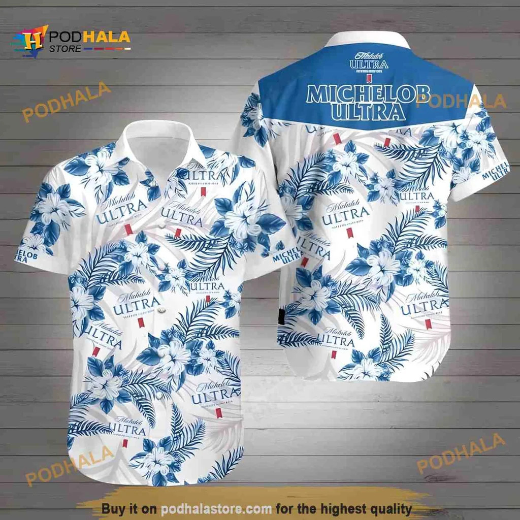 Michelob Ultra Hibiscus Hawaiian Shirt, Blue Floral Design For Beer Lovers