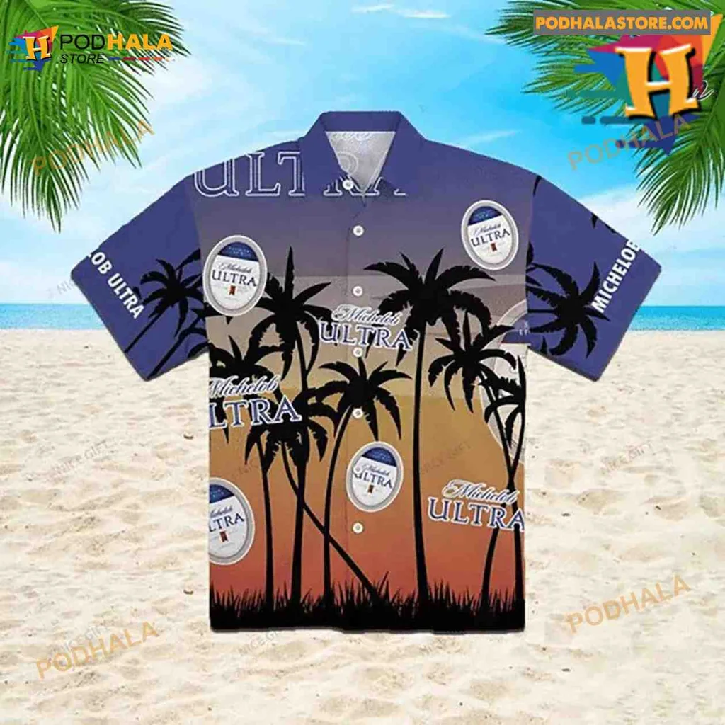 Michelob Ultra Palm Tree Hawaiian Shirt With Tropical Sunset Design