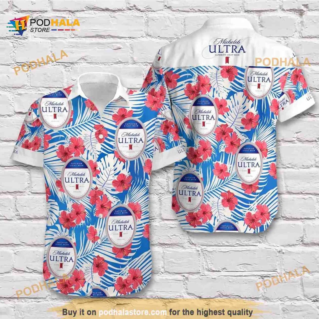 Michelob Ultra Tropical Aloha Shirt With Hibiscus Flowers And Palm Leaves