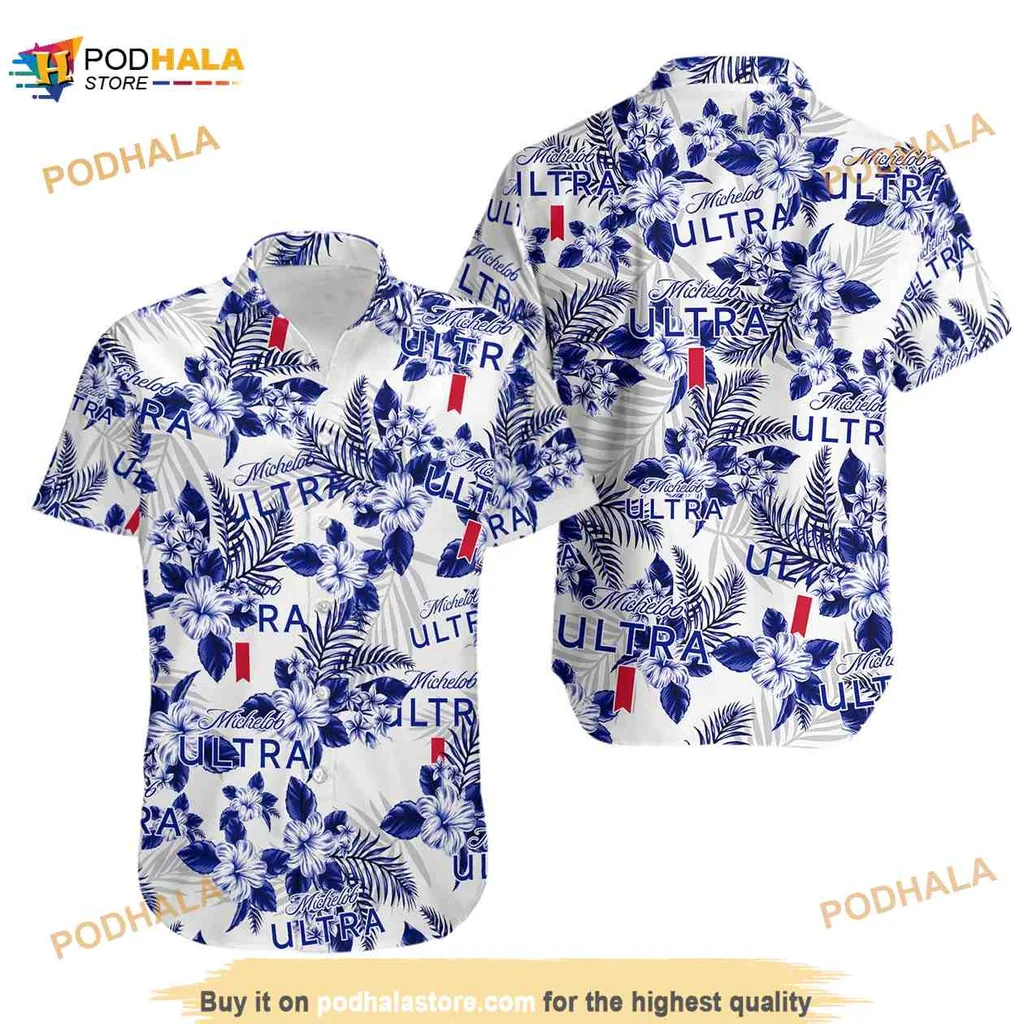Michelob Ultra Tropical Floral Hawaiian Shirt With Vibrant Blue And White Design