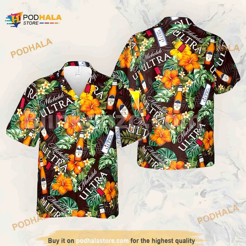 Michelob Ultra Tropical Floral Shirt With Hibiscus Flowers
