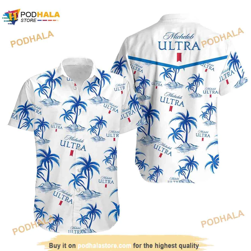Michelob Ultra Tropical Hawaiian Shirt With Blue Palm Trees And Waves