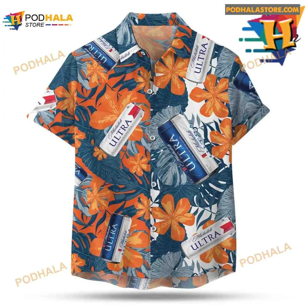 Michelob Ultra Tropical Hawaiian Shirt With Hibiscus Flowers