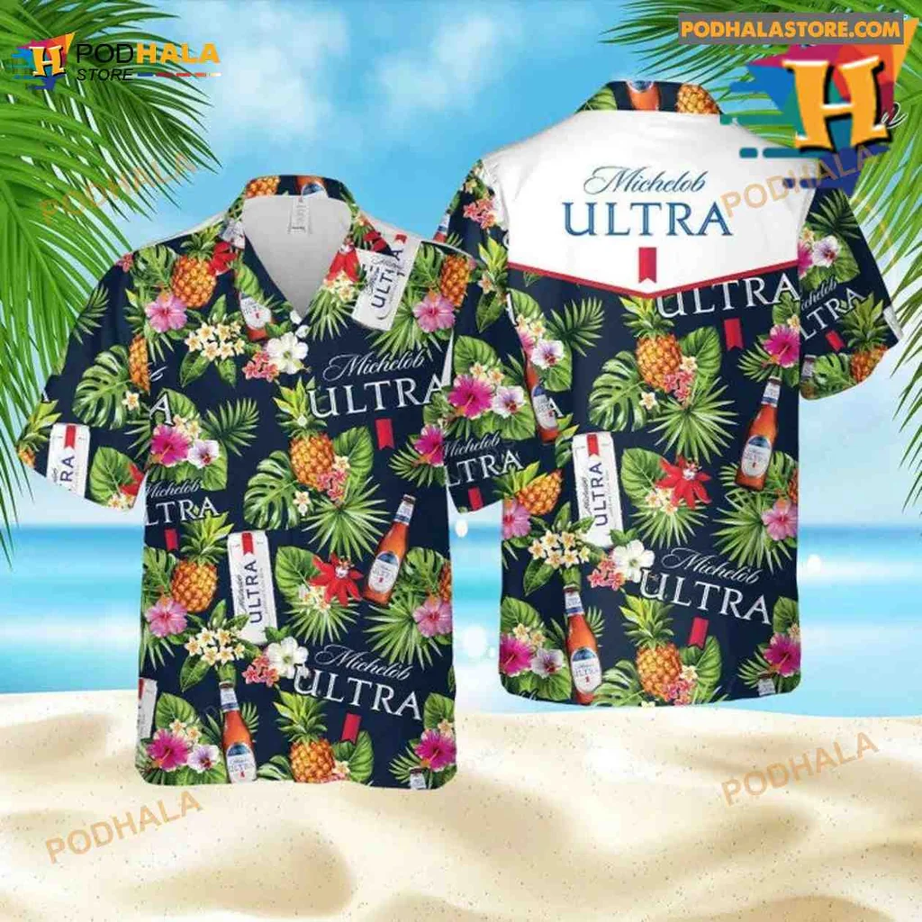 Michelob Ultra Tropical Hawaiian Shirt With Pineapples And Hibiscus Flowers