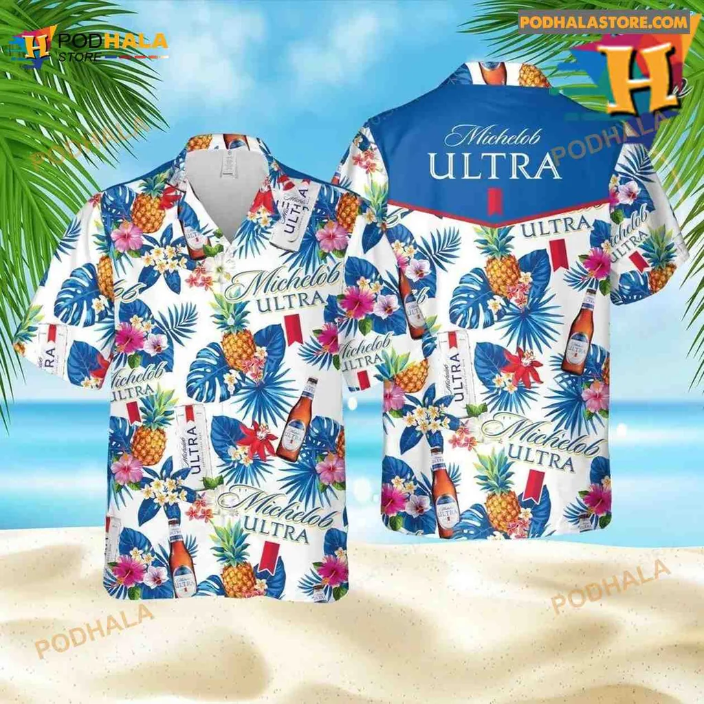 Michelob Ultra Tropical Hawaiian Shirt With Pineapples And Palm Leaves