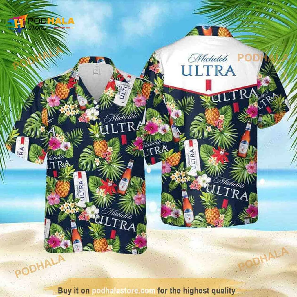 Michelob Ultra Tropical Pattern Shirt With Colorful Flowers And Pineapples