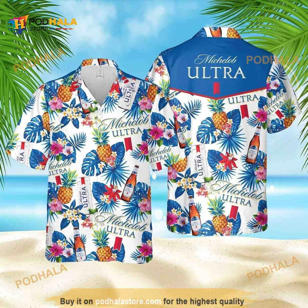 Michelob Ultra Tropical Pattern Shirt With Pineapples And Palm Leaves