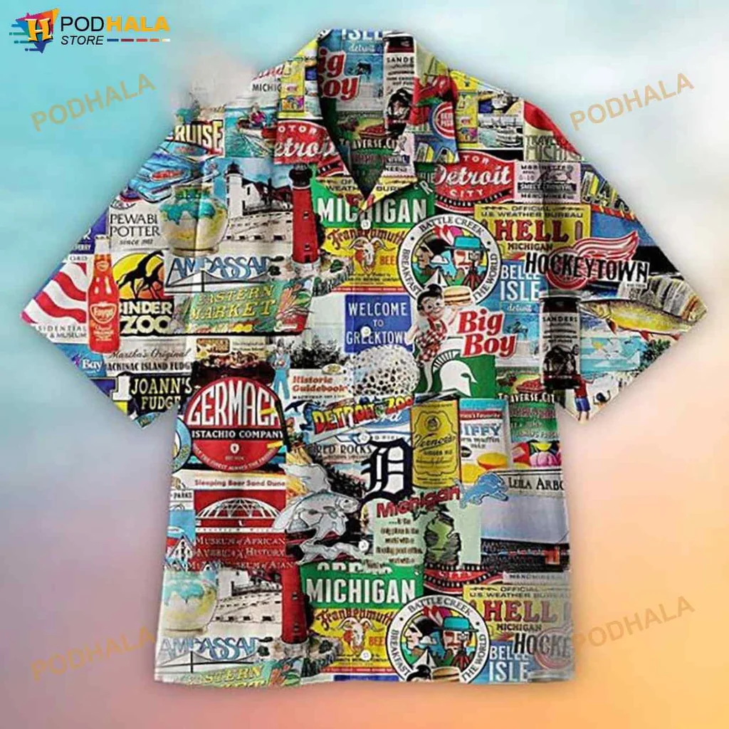 Michigan Culture Aloha Shirt With Iconic Landmarks And Retro Vibes
