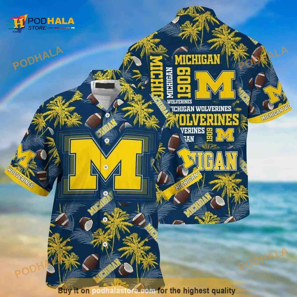 Michigan Wolverines Beach Design Shirt With Palm Trees And Footballs