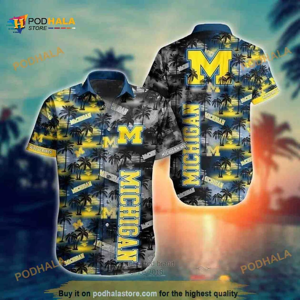 Michigan Wolverines Beach Shirt With Tropical Print And Palm Trees