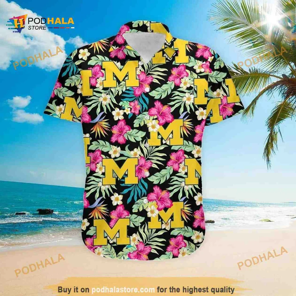 Michigan Wolverines Hawaiian Shirt With Hibiscus Pattern For Beach Lovers