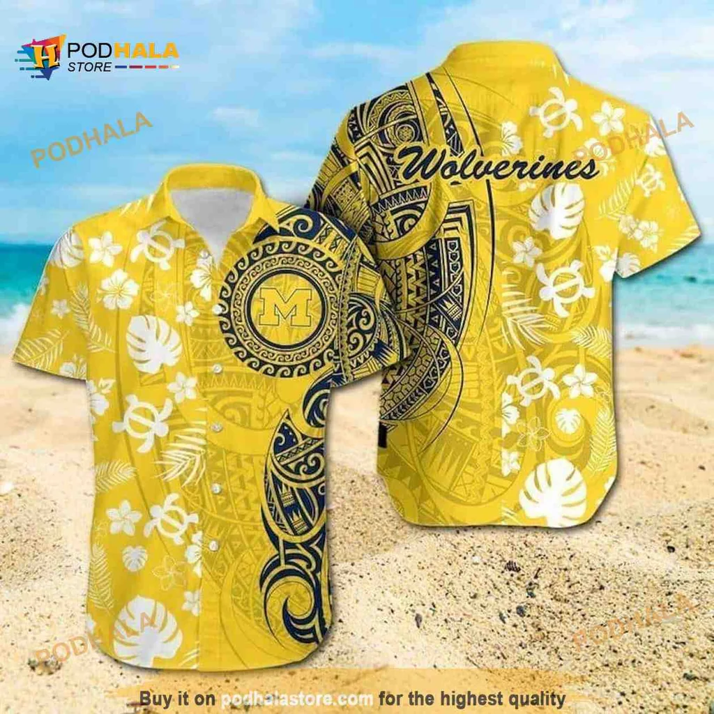 Michigan Wolverines Hawaiian Shirt With Tribal Pattern And Floral Elements