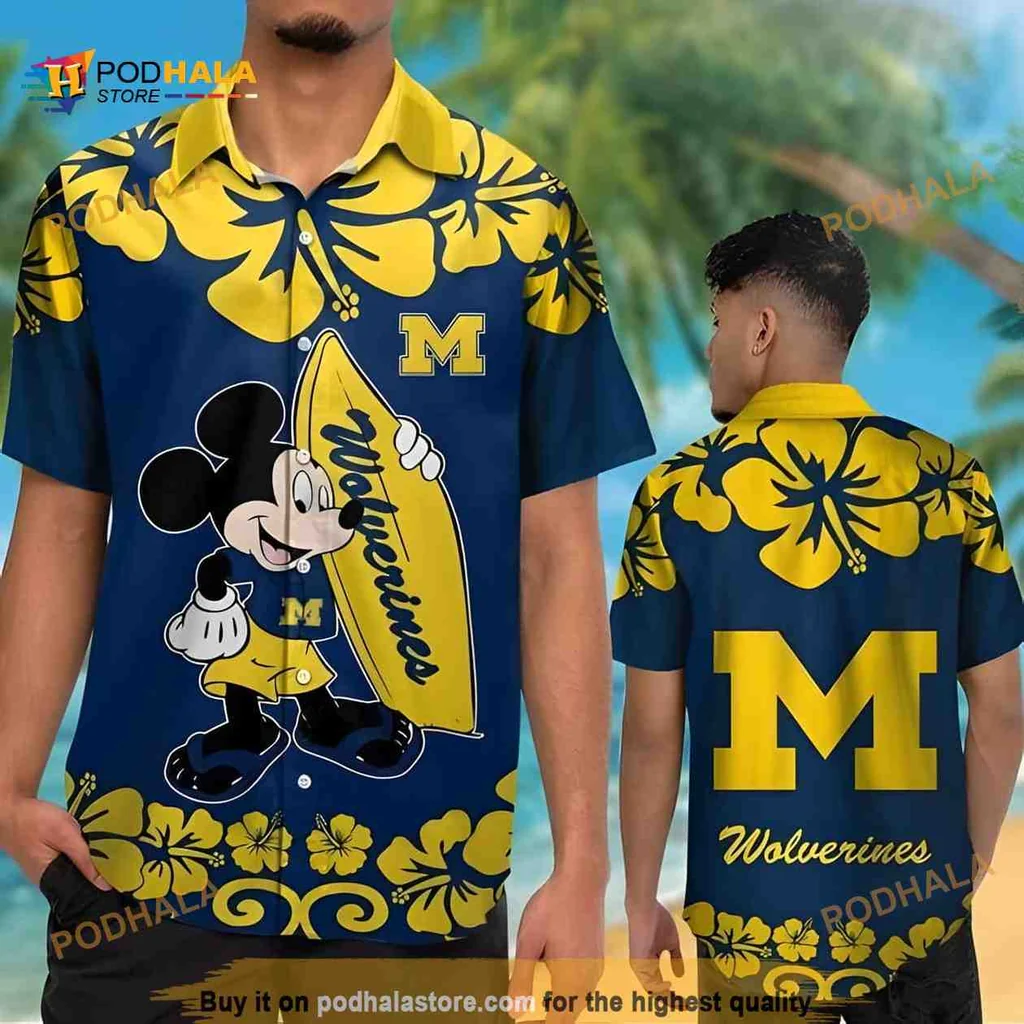 Michigan Wolverines Mickey Mouse Hawaiian Shirt With Hibiscus Flowers