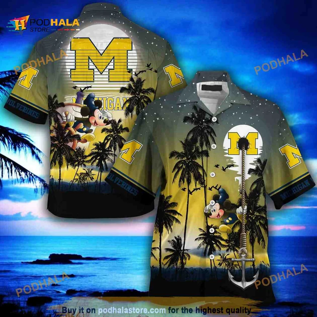 Michigan Wolverines Mickey Mouse Hawaiian Shirt With Tropical Beach Design