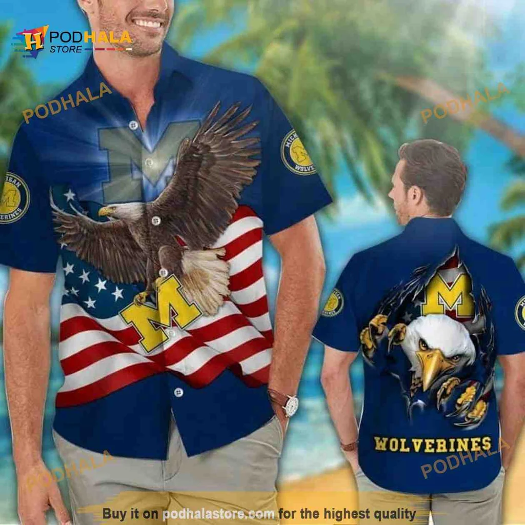 Michigan Wolverines Patriotic Hawaiian Shirt With Eagle And Us Flag