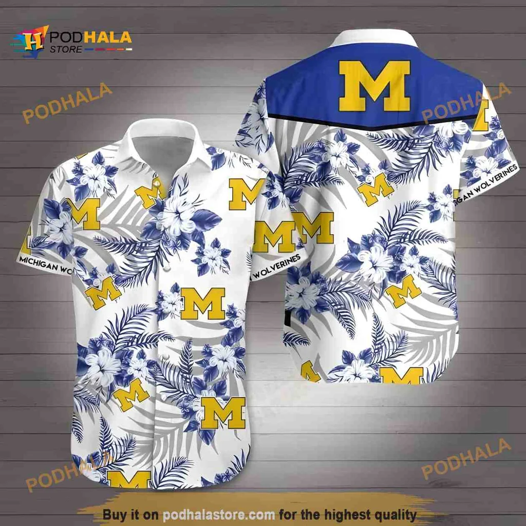 Michigan Wolverines Tropical Fan Shirt With Blue And Yellow Floral Design