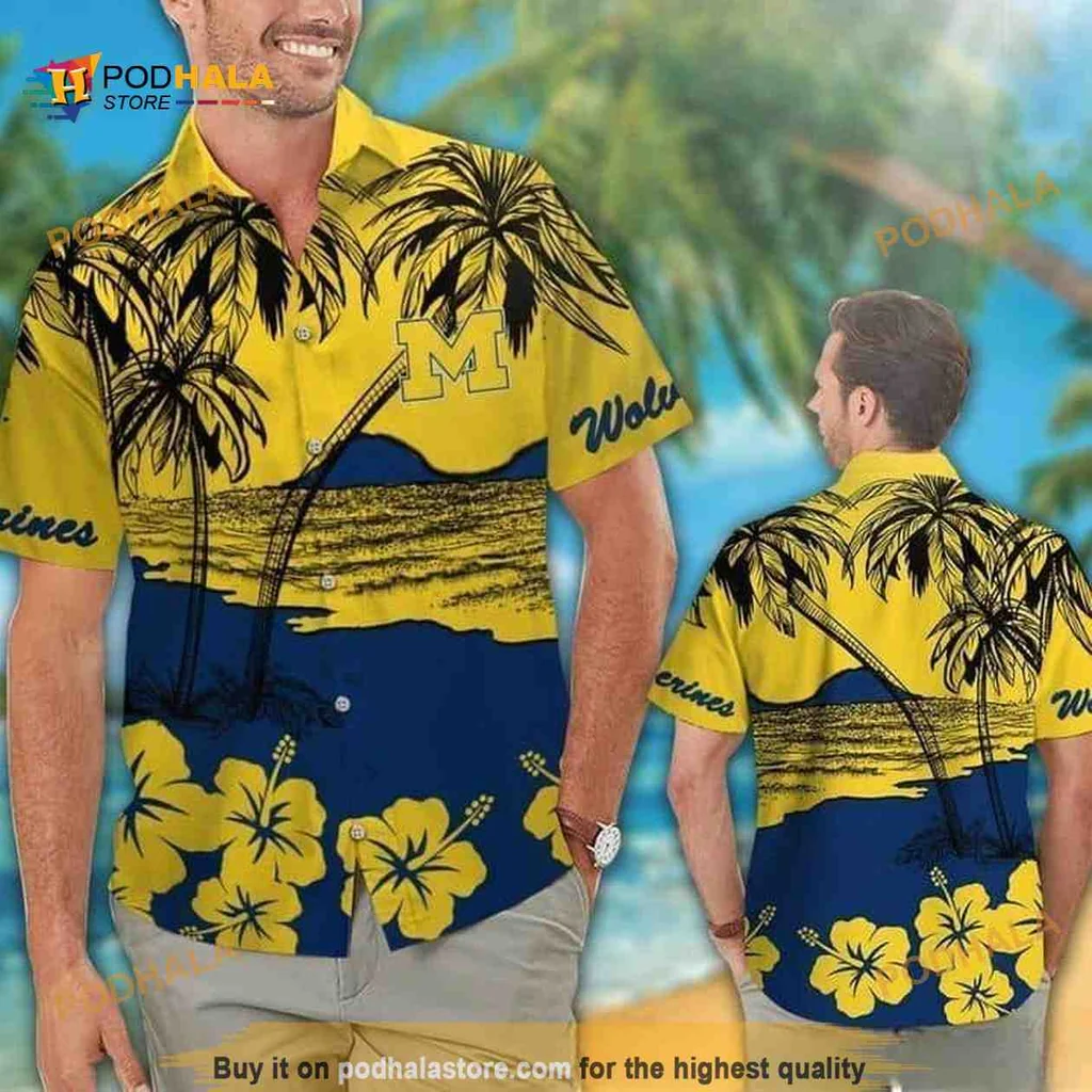Michigan Wolverines Tropical Hawaiian Shirt With Palm Trees And Hibiscus