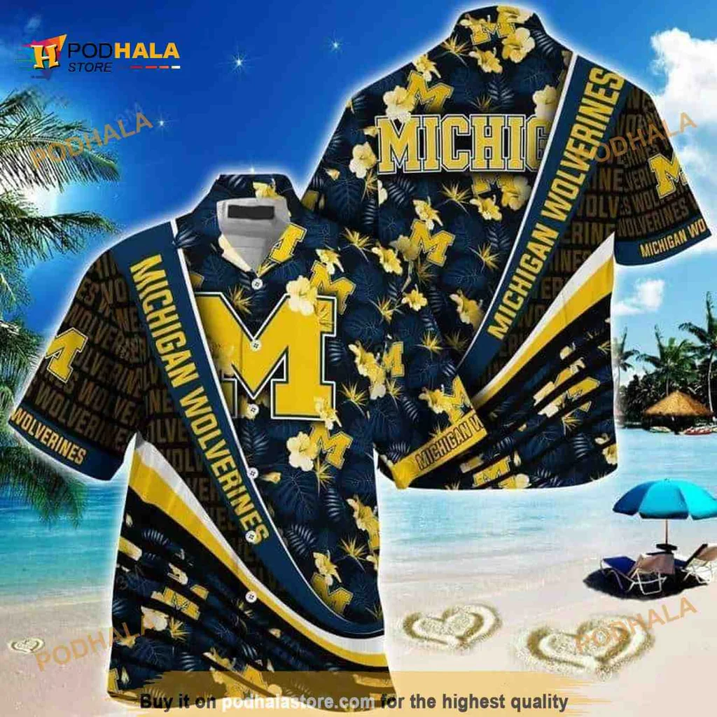 Michigan Wolverines Tropical Shirt With Bold Text And Floral Design
