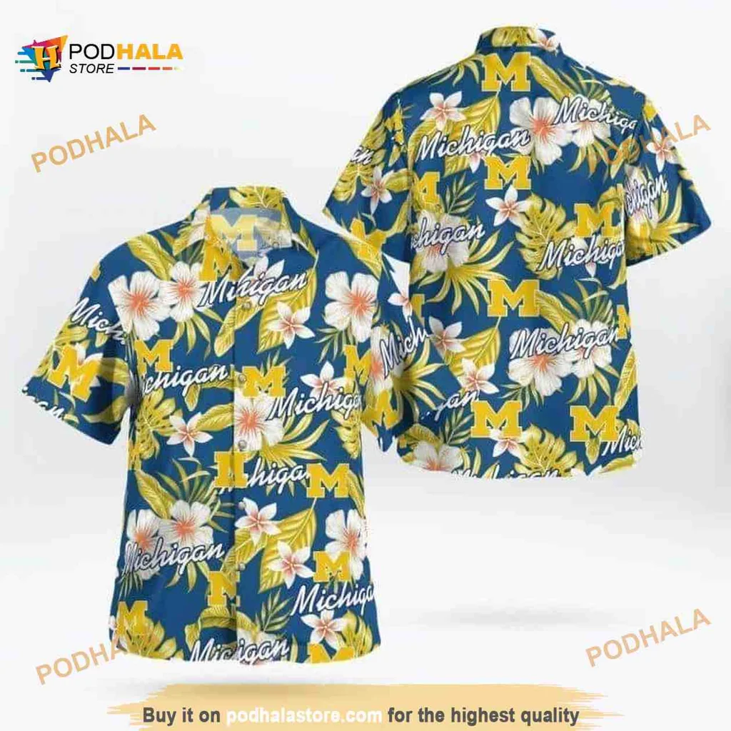 Michigan Wolverines Tropical Shirt With Hibiscus Flowers And Leaves