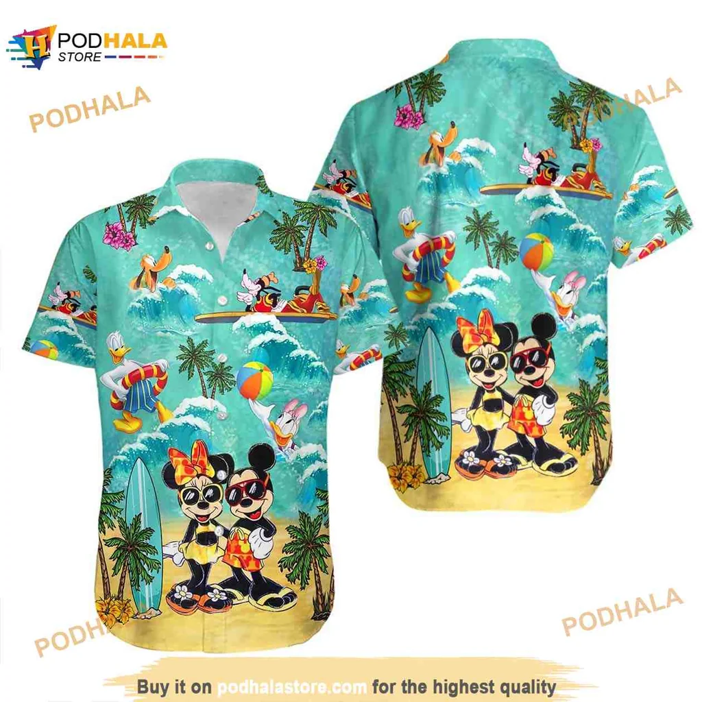 Mickey And Minnie Beach Hawaiian Shirt With Tropical Design