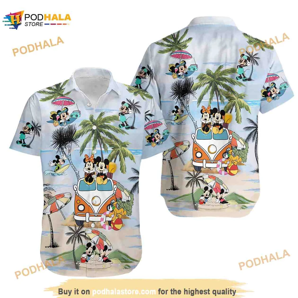 Mickey And Minnie Beach Hawaiian Shirt With Tropical Scene