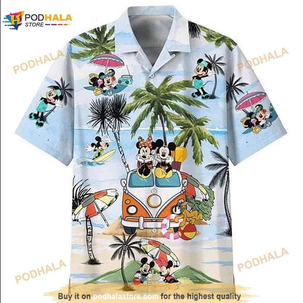 Mickey And Minnie Beach Hawaiian Shirt With Vintage Van And Palm Trees