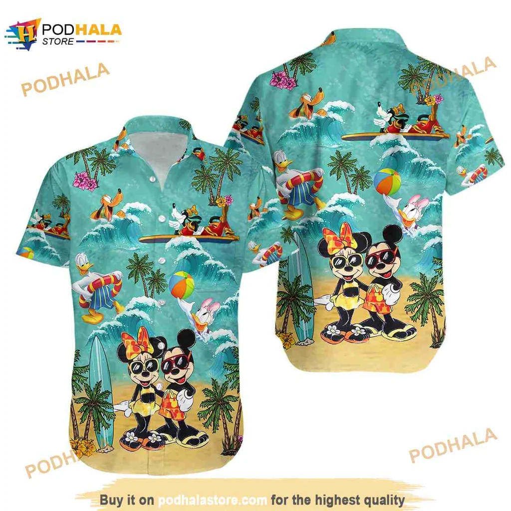 Mickey And Minnie Hawaiian Shirt With Tropical Beach Design