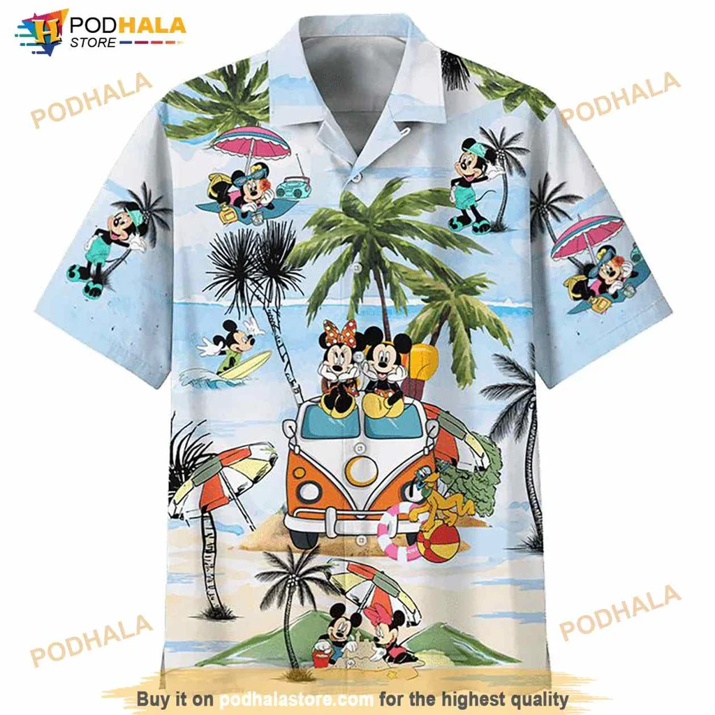 Mickey And Minnie Hawaiian Shirt With Tropical Beach Print