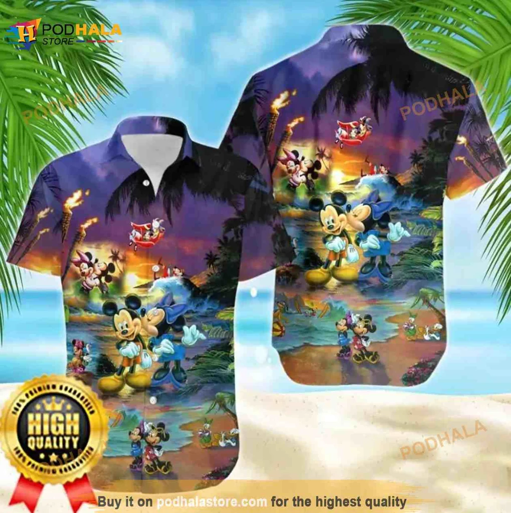 Mickey And Minnie Mouse Hawaiian Shirt With Tropical Scene