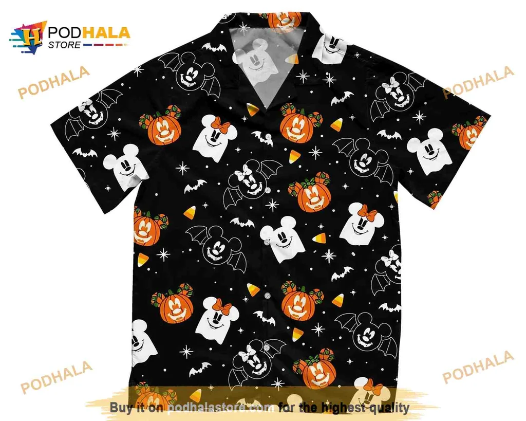 Mickey Minnie Mouse Halloween Hawaiian Shirt With Pumpkins And Ghosts