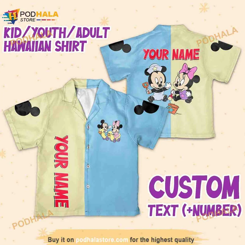 Mickey Minnie Mouse Hawaiian Shirt, Personalized Name Disney Cute Color