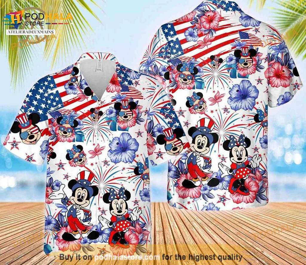 Mickey Minnie Mouse Patriotic Hawaiian Shirt With Fireworks And Hibiscus