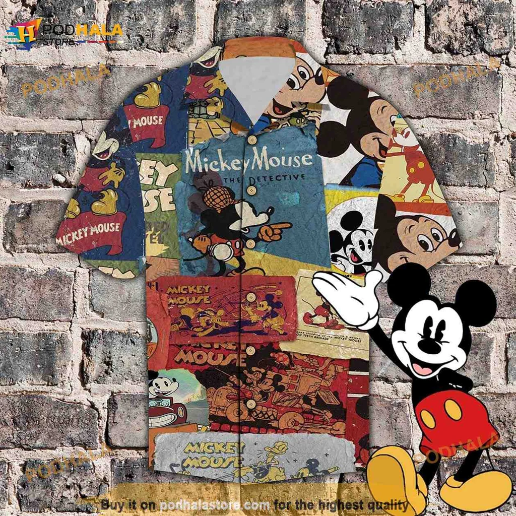 Mickey Mouse Aloha Shirt, Colorful Hawaiian Design Featuring The Detective