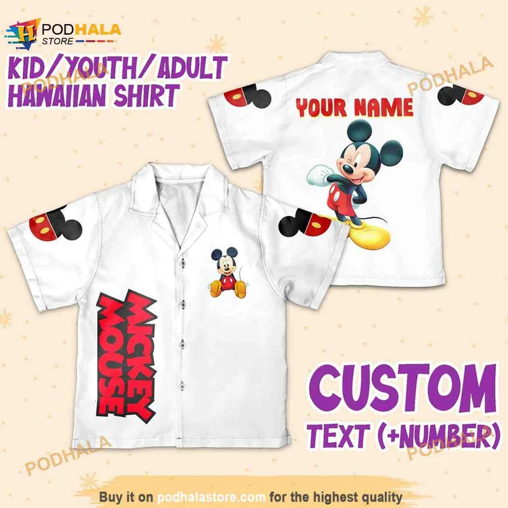 Mickey Mouse Aloha Shirt With Customizable Name And Red Text